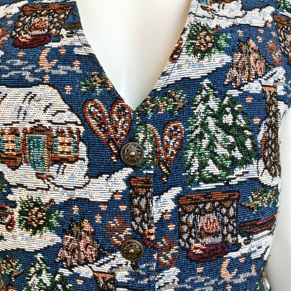 Vintage 90s Christmas Village Embroidered Cottagecore Retro Vest Large Kitschy - Picture 10 of 12